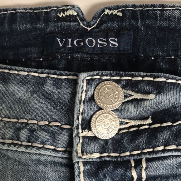 VIGOSS The Chelsea Denim CAPRI Skimmer Sz 5/6 Distressed Embellished Crop Jeans - Picture 6 of 15